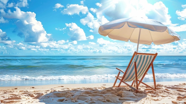 Summer beach with striped chair and white umbrella on blue sky background AI generated illustration