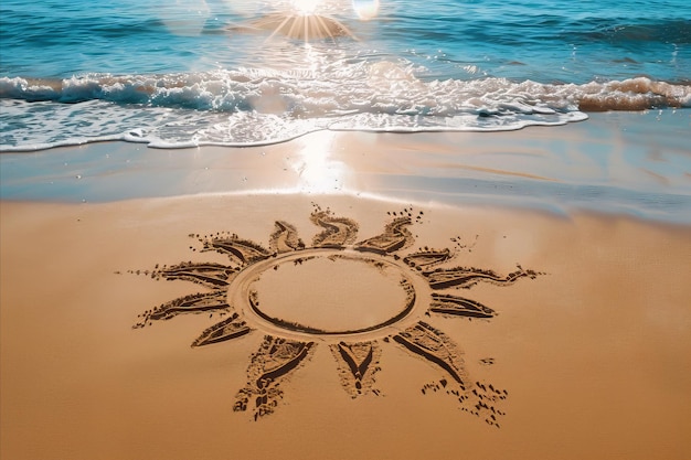 Summer beach with a sun drawn in the sand holidays and vacation background