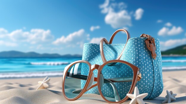 summer beach with travel accessory 3d render suitcase 3d illustration