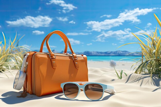 Summer beach with travel accessory 3d render suitcase 3d illustration