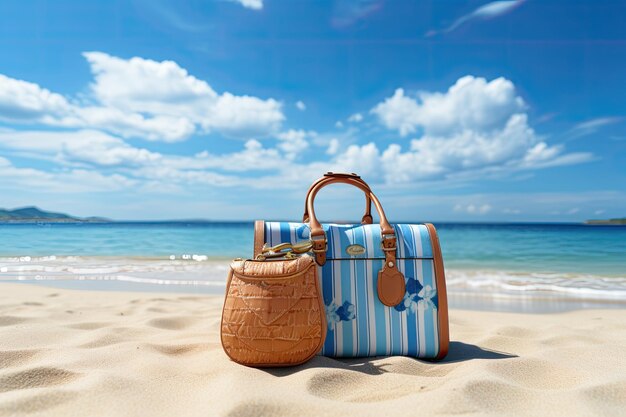 summer beach with travel accessory 3d render suitcase 3d illustration