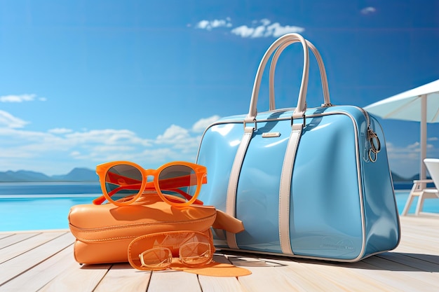 summer beach with travel accessory 3d render suitcase 3d illustration