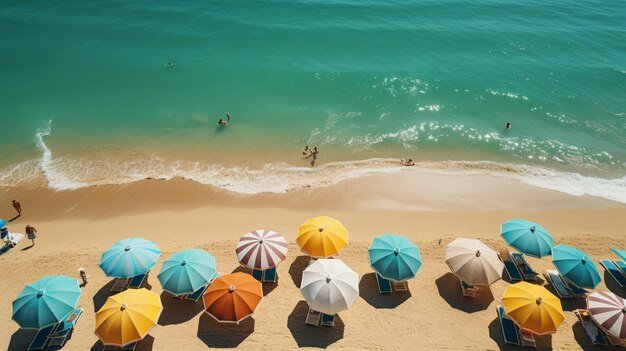 우산 배경 풍경이 있는 여름 해변