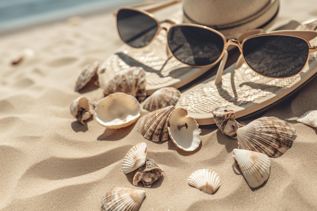 Summer beachwear flip flops hat sunglasses and seashells on sand beach