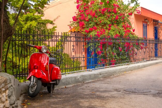 Летний цветущий сад в солнечную погоду. красный скутер в стиле ретро припаркован у забора