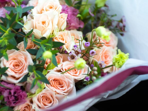 Summer blossoming delicate roses on blooming flowers festive background pastel and soft bouquet floral card blured selective focus