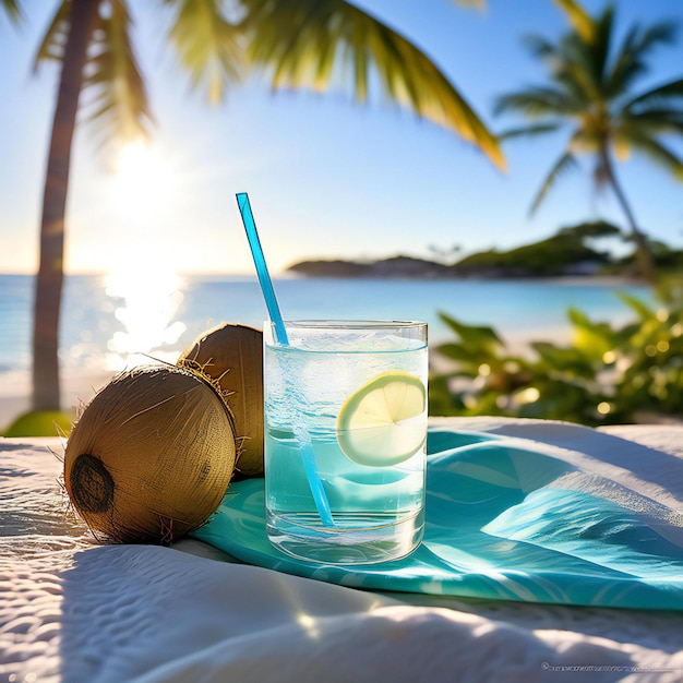 여름에 시원한 푸른 레모네이드 음료 코코 음료와 함께 해변 테일