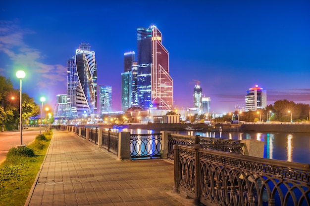 Summer blue evening with a view of the skyscrapers of Moscow City