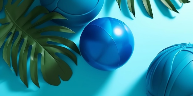 Summer blue surface balls in abstract style on blue background Jungle foliage illustration Palm tree leaf texture Water background Beautiful summer exotic tropical nature background