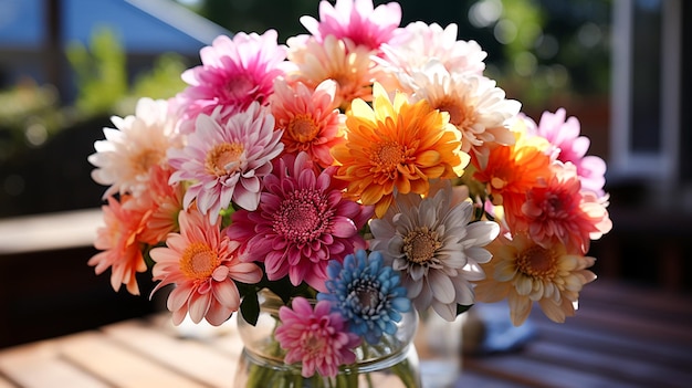 写真 新鮮なガーベラと菊の夏の花束