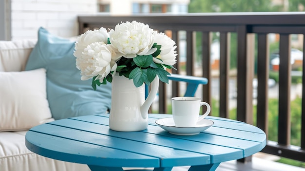 Summer breakfast on balcony Bouquet of white peonies and Cup of drink on blue table Interior Flow