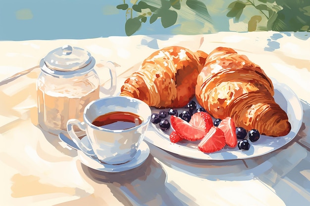 Summer breakfast Croissants coffee cream berries Drawing in gouache style