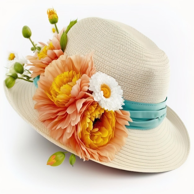 Summer brown hat with flowers on top of it isolated in white background