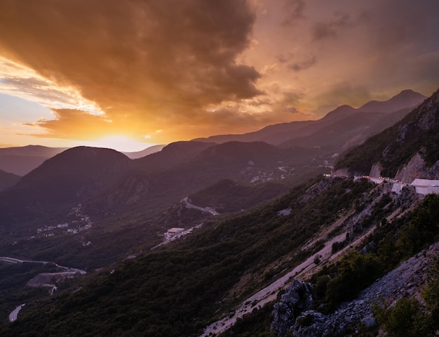 Summer Budva riviera night coastline panorama landscape Montenegro Balkans Adriatic sea Europe View from the top of the mountain road path