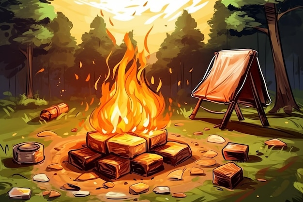 Summer camp background with campfire and marshmallows