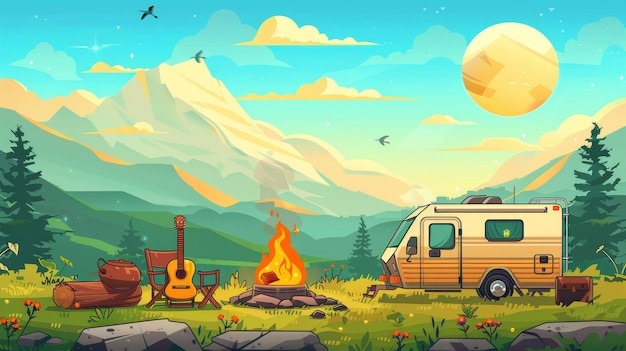 Summer camp at daytime RV RV caravan with pot tent log cauldron guitar and campfire Traveling hiking activities in summer cartoon modern illustration