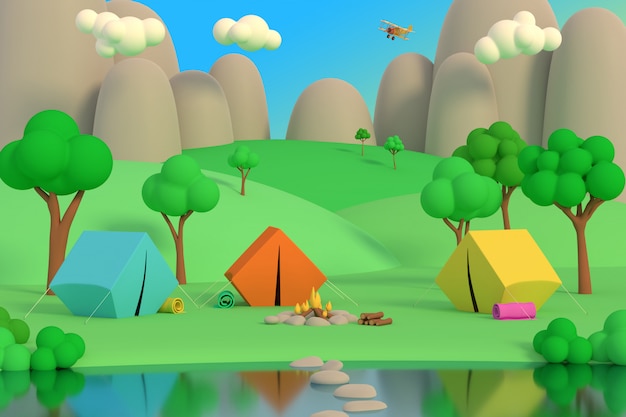 Summer camp in the forest in the afternoon on a background of mountains 3D render