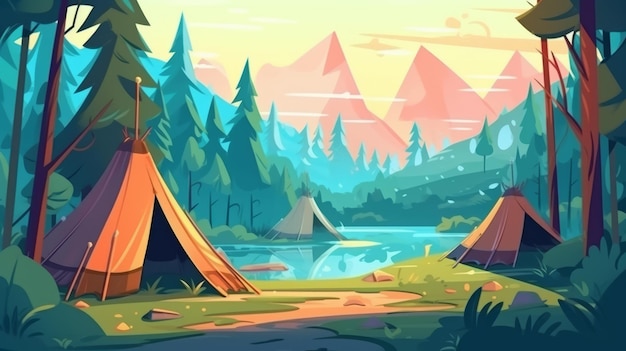 Summer Camp in The Forest Landcape Background Generative AI