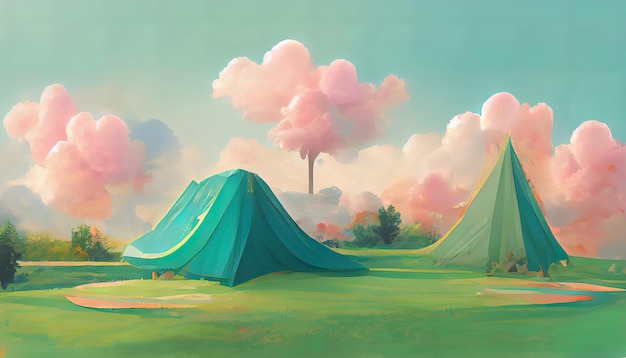 Летний лагерь на зеленой лужайке с пустым пьедесталом, облаками, деревьями и пластилиновыми горами