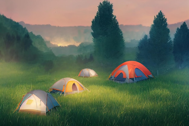 Summer camp landscape with tents on a green meadow with trees at dawn 3d illustration