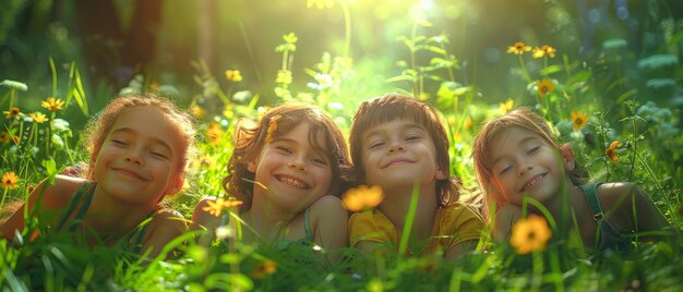 In a summer camp picture cheerful kids lie together on grass