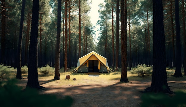 Summer camp in the pine forestview of camping tents among the pine trees generative ai