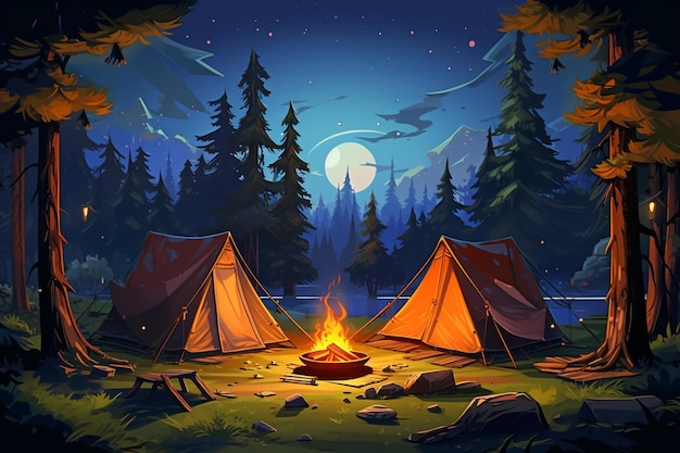 Summer camp with bonfire tent backpack