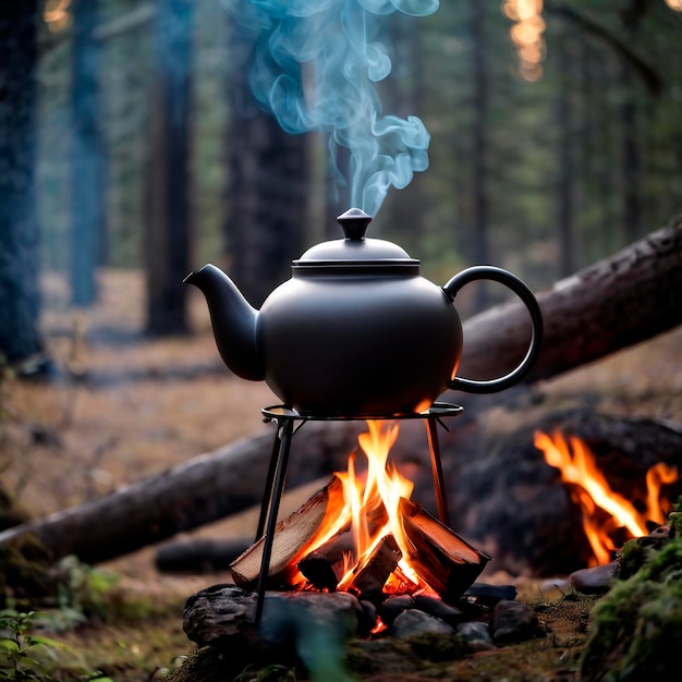 Summer Campfire Cooking Boiling Water in a Kettle