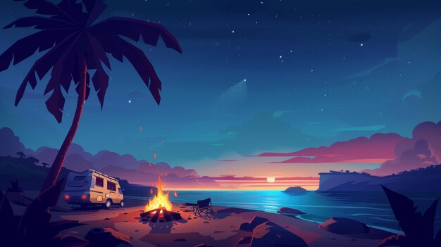 Photo in summer a campfire on the sea shore with an rv car is the perfect way to prepare for your journey to the ocean the bonfire is set against the wild summer scene