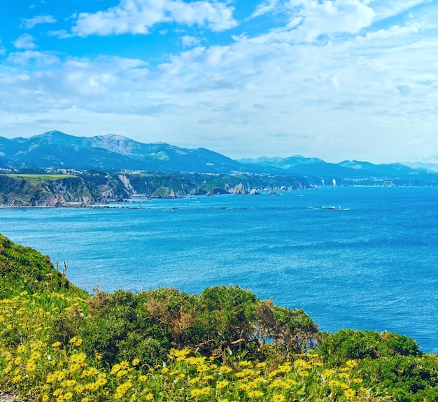 Summer Cape Vidio coastline landscape with yellow flowers in front Asturias Cudillero Spain