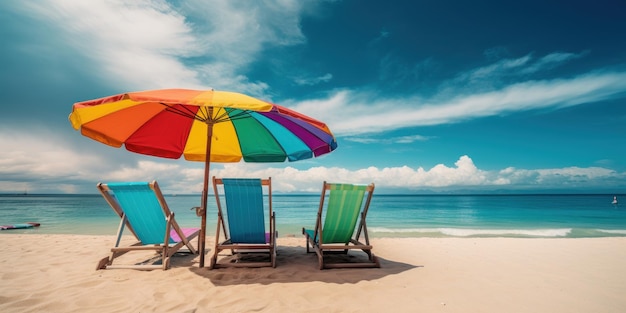 Summer Chair and umbrella on tropical sea and beach with blue sky background Generative AI