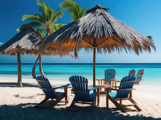 Летние стулья и зонтики на тропическом морском пляже