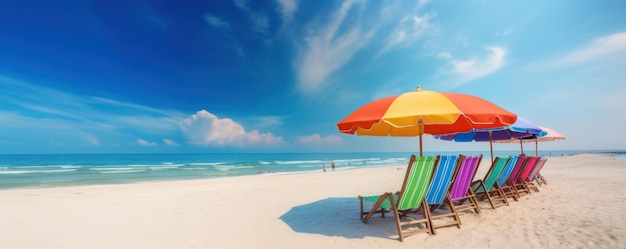 Summer Chairs and umbrellas on tropical sea and beach with blue sky background Generative AI