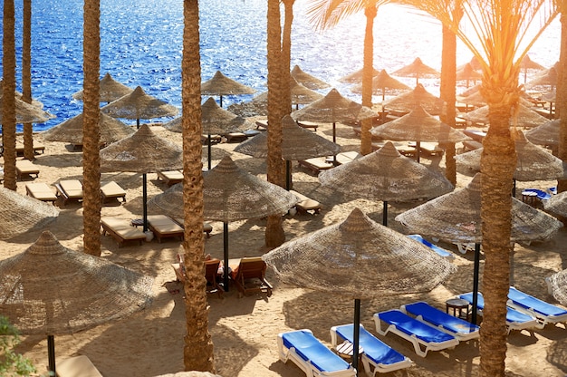 Summer chaise lounges under an umbrella on sandy sea beach in hotel