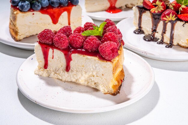 Summer cheesecake slices with various berry