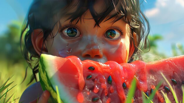 Photo summer child eating watermelon