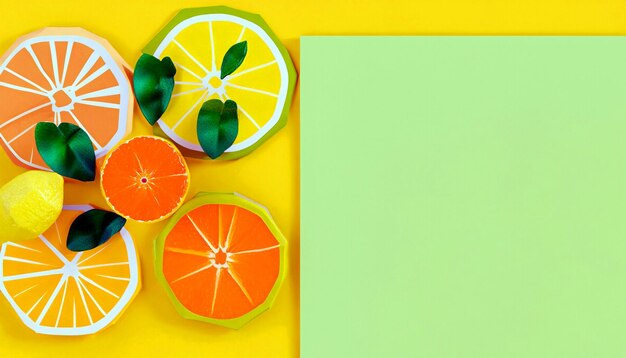 Foto summer citrus delights arance limoni e limette su sfondo giallo pastello minimalismo di frutta fresca