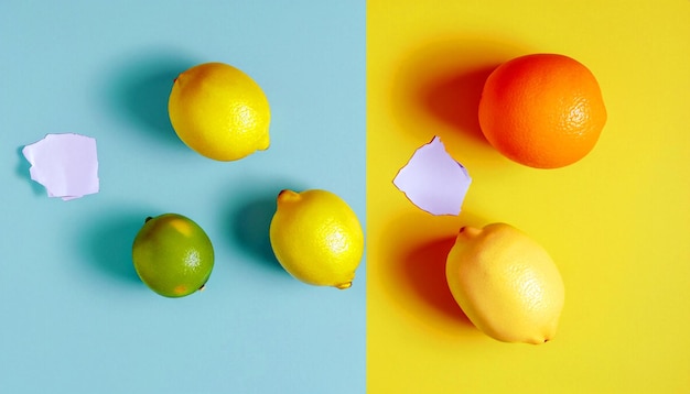 Summer Citrus Delights Oranges Lemons and Limes on Pastel Yellow Background Fresh Fruit Minimalism