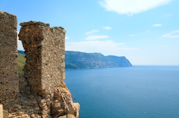 Summer coastline and view of ancient Genoese fortress 