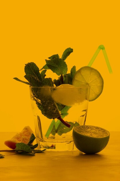 Summer cocktail drinks with fresh ingredients Glass of cocktail with mint and citrus fruits on a colored background Closeup