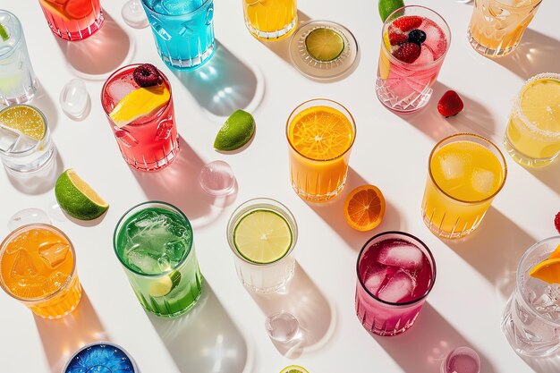 Photo summer cocktail set with various colorful beverages for a party on a white background with dramatic lighting viewed from above