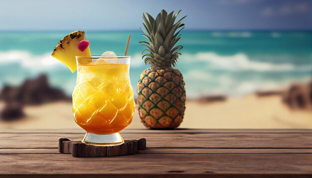 Summer cocktail with blur beach on background Al generated