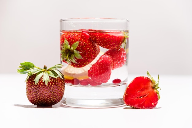 summer cocktail with strawberries raspberries and ice on a white background side view