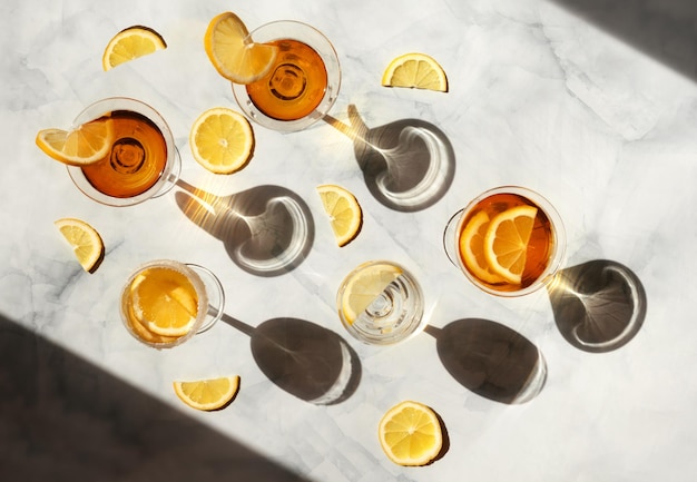 夏のカクテル 太陽の光に 鮮やかな飲み物 グラスに 影がついて トレンディなパターン