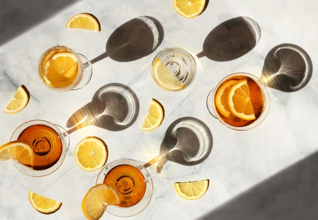 夏のカクテル 太陽の光に 鮮やかなジューシッシュな飲み物 グラスで 影が流行のパターンを生み出します