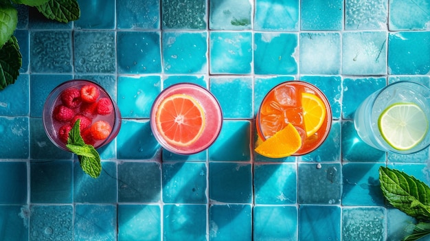 Summer cocktails on vibrant blue tiled bar top view