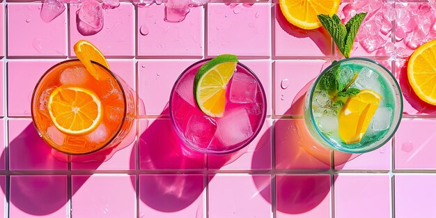 Photo summer cocktails on vibrant pink tiled bar top view