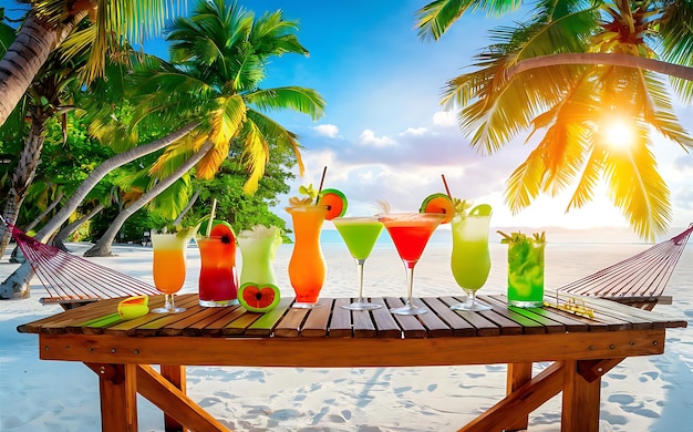 Summer cocktails on wooden table in front of tropical beach with palm trees