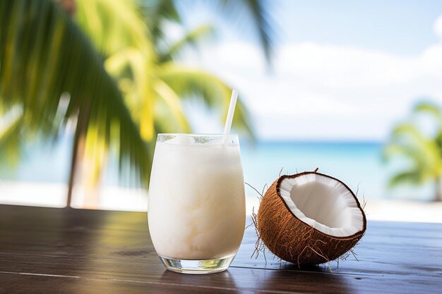 Photo summer coconut milk cocktail with a piece of coconut on the table on a tropical beach