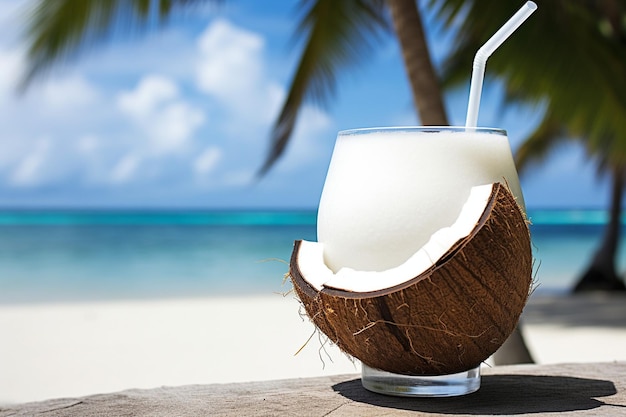 Foto cocktail estivo al latte di cocco con un pezzo di cocco sul tavolo su una spiaggia tropicale